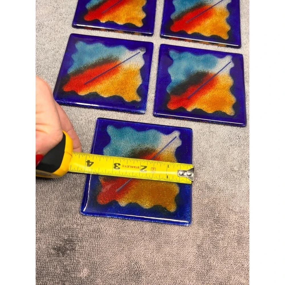 Vintage Studio Art Glass Coasters Set of 5 Blue Abstract Handmade Fused Glass